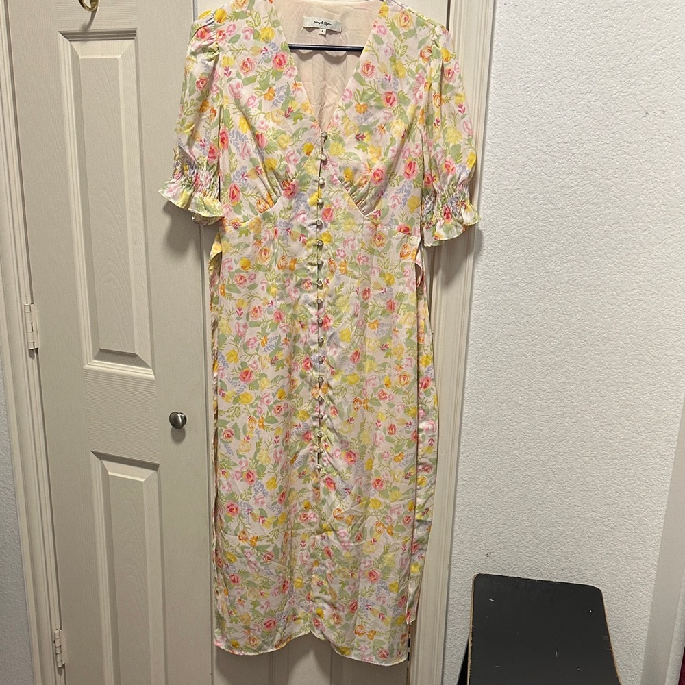 Floral Button-Front Midi Dress in Cream with Pink & Yellow Blooms